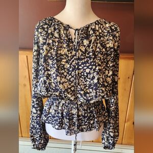 MICHAEL Kors Abstract Blouse Size Large Navy Blue Tan Long Sleeve